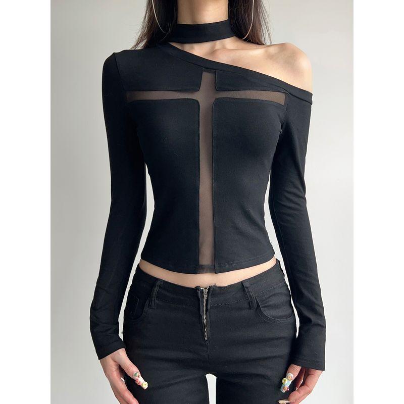 H Family European and American Women's Clothing Abstinence Dark Asymmetrical off-Shoulder Cross Tops Sexy Patchwork Black Primer T-shirt