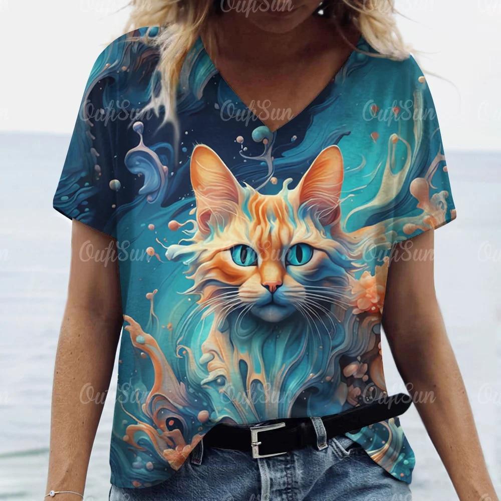 

Art Cat Print Summer Women s T-Shirt Short Sleeves Tops Tees Fashion Female V-Neck Clothing Ladies Oversized Pullover Tshirt