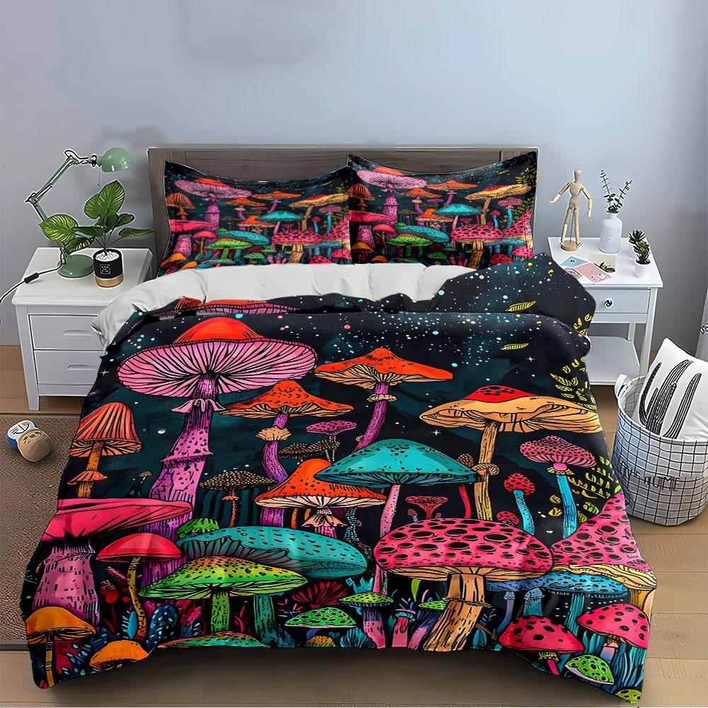 Colorful Mushroom Forest Print Bedding Duvet Cover Set Duvet Cover Pillowcases (1 * Duvet Cover 2 * Pillowcases, without duvet insert)