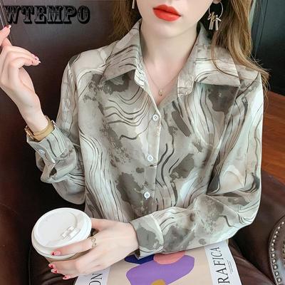 Frühling und Herbst Damen Hemd Revers Hemd Lose Vintage Batik Hemd Langärmeliges Bedrucktes Chiffon Hemd