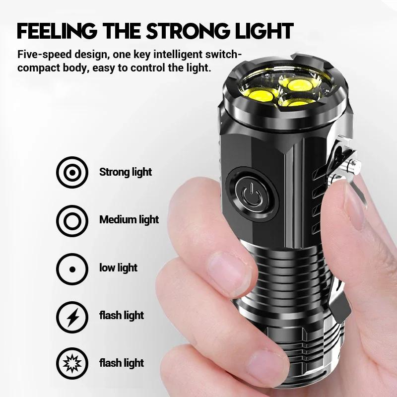 Powerful 3LED Super Bright Flashlight Portable Mini Burst Flash Torch Rechargeable Emergency Spotlight with Pen Clip Tail Magnet