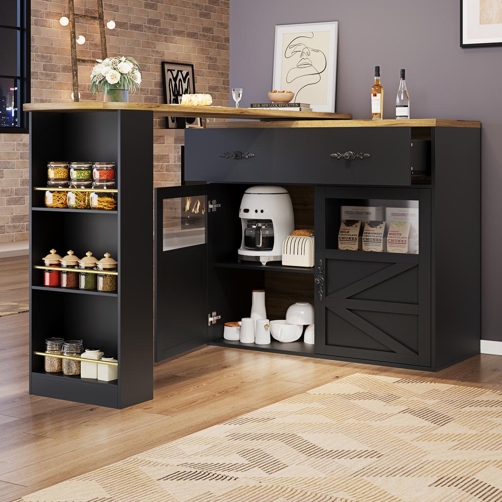 Extendable bar table with storage (138-204×39×104cm), 360° rotatable dining bar, kitchen island bistro table, sideboard cabinet with shelves, black