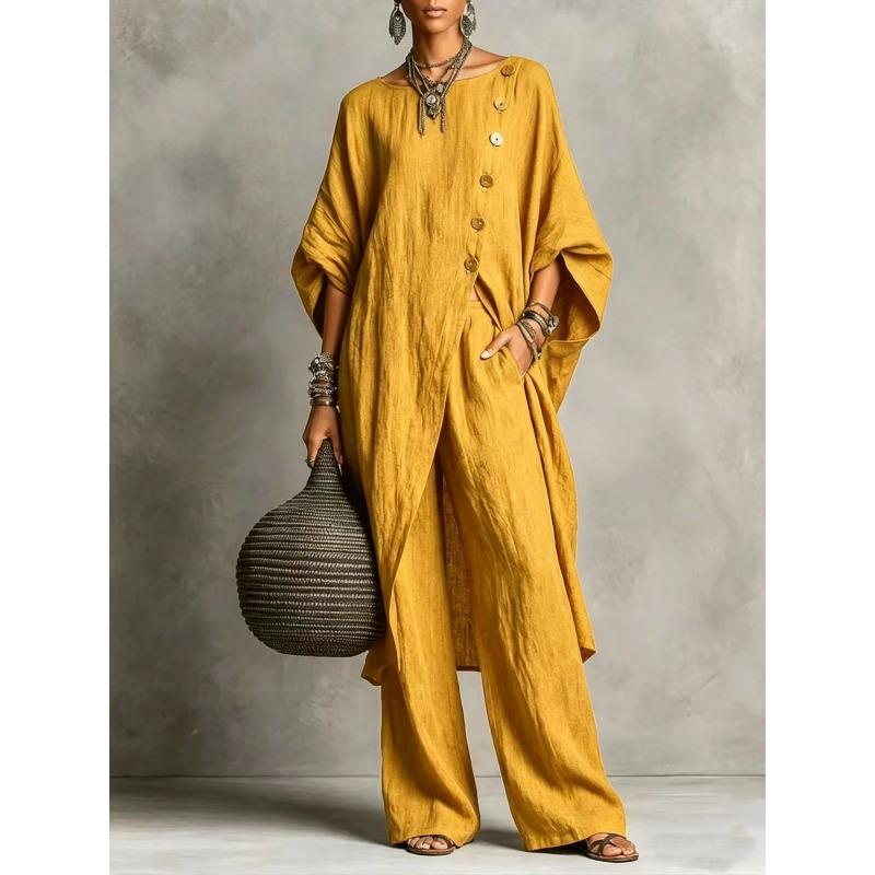 

TIFICY Women s Fashion Casual Summer Spring Solid Color Print 3/4 Sleeves O-Neck Trousers Pants Suits XXXXXL жовтий
