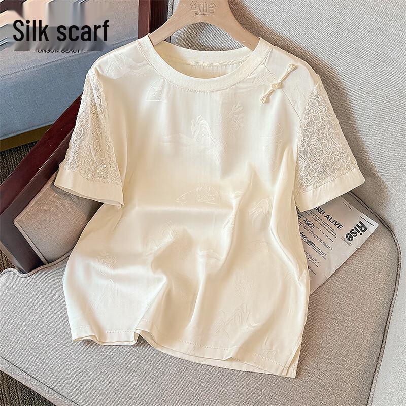 Women s New Chinese Style Lace Patchwork Round Neck Short Sleeve Blouse M