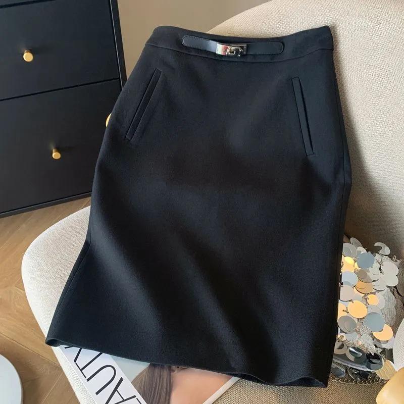 Women High Waist Gray Solid Color Pencil Skirt Office Casual Midi Skirt S чёрный