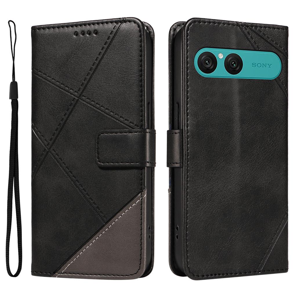 For Sony Xperia 10 VII Leather Case Geometric Line Design Wallet Phone Cover with Wrist Strap