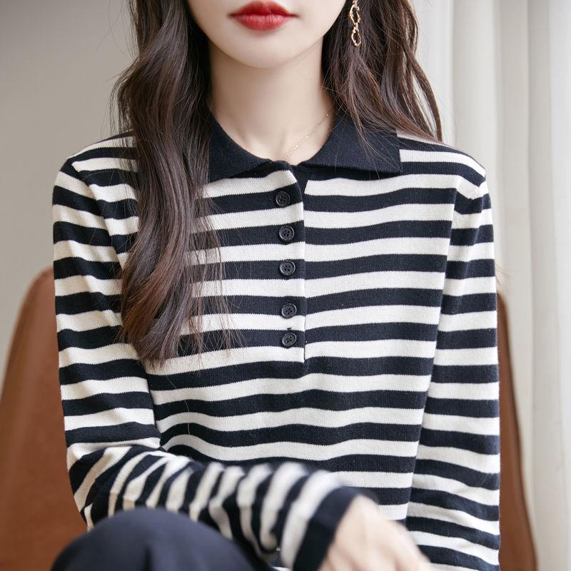Spring and Summer Women Cotton Striped Sweater Polo Collar Pullover Casual Color Blocking Knitwear Long Sleeve Clothing Tops