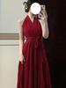 Hepburn-Inspired Elegant Red Halter Dress