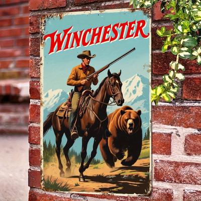 Letrero Metálico de Lata Vintage de Cowboy del Oeste    Retro Marrón Escena de Caza de Aves Acuáticas con Vaquero y Oso Decoración Rústica de Pared para Hogar Bar