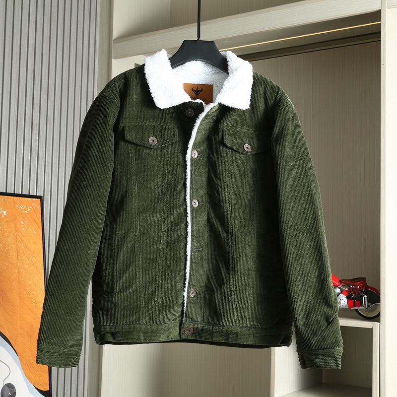 American-Style Retro Corduroy Lambswool Lapel Jacket for Men, Fleece-Lined, Thickened, Warm Workwear Coat, Trendy