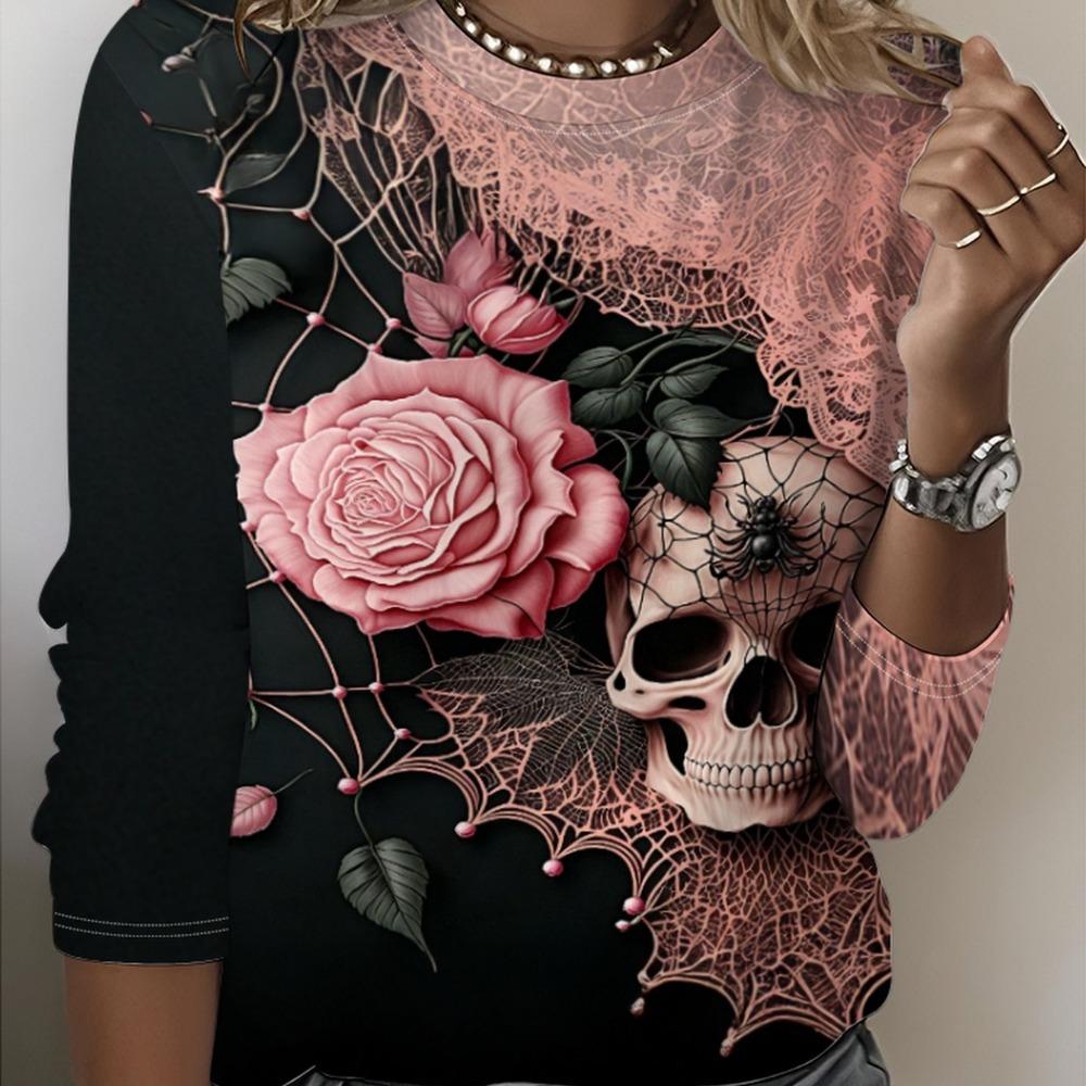 Halloween Skull Pistil  Graphic Print T-Shirt, Long Sleeve Crew Neck Casual Top, Spring Autumn, Women's Clothing