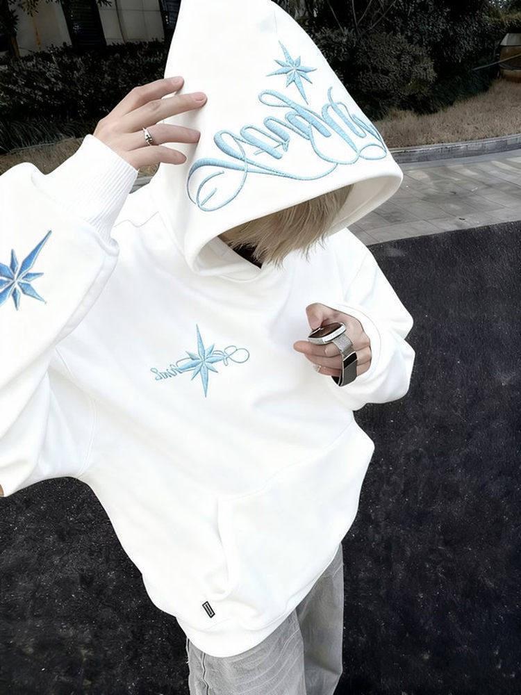 Embroidered Velvet Hooded Sweatshirt - Unisex Retro Loose Fit, Autumn/Winter Trend, Plus Size
