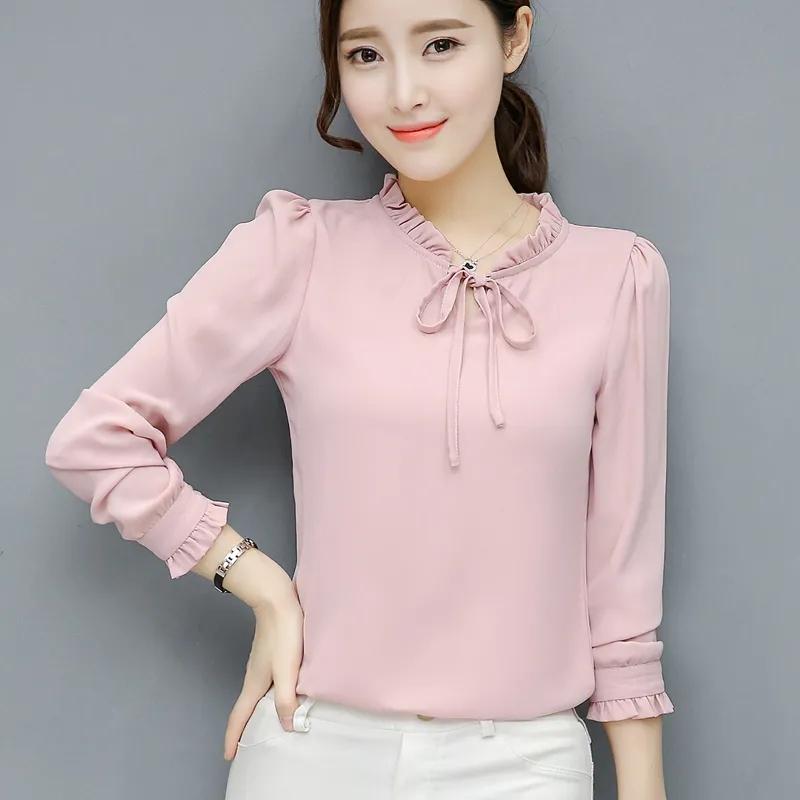 Frühling Herbst Frauen Chiffon Tops Büro Arbeit Weibliche Mode Shirts Stehen Neck Puff Langarm Blusen Rosa Weißes Hemd Top