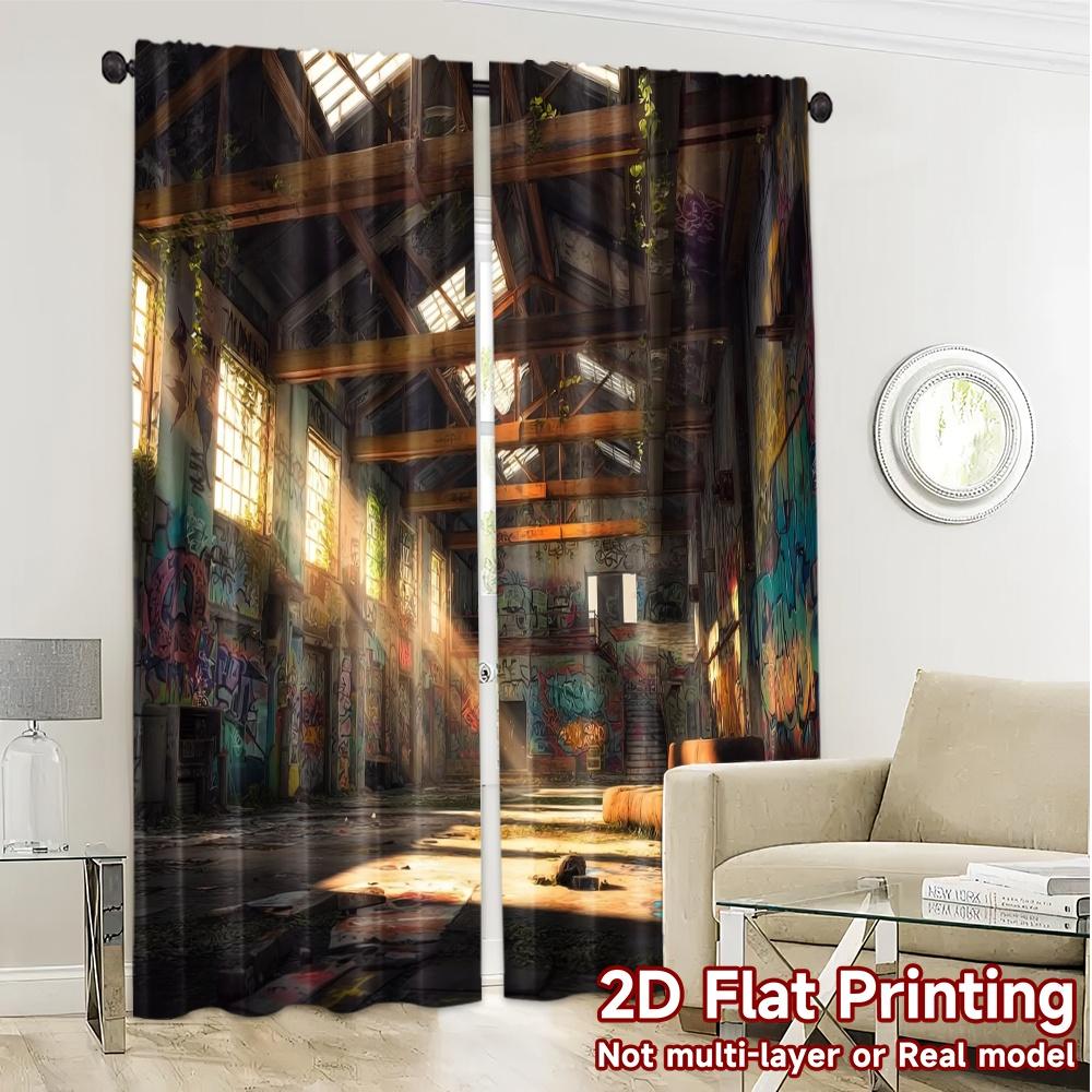 2pcs   2D FLAT PRINTING Curtains (Without Rod) Urban Decay Creative Modern Curtains Versatile Durable Polyester Curtains Thermal