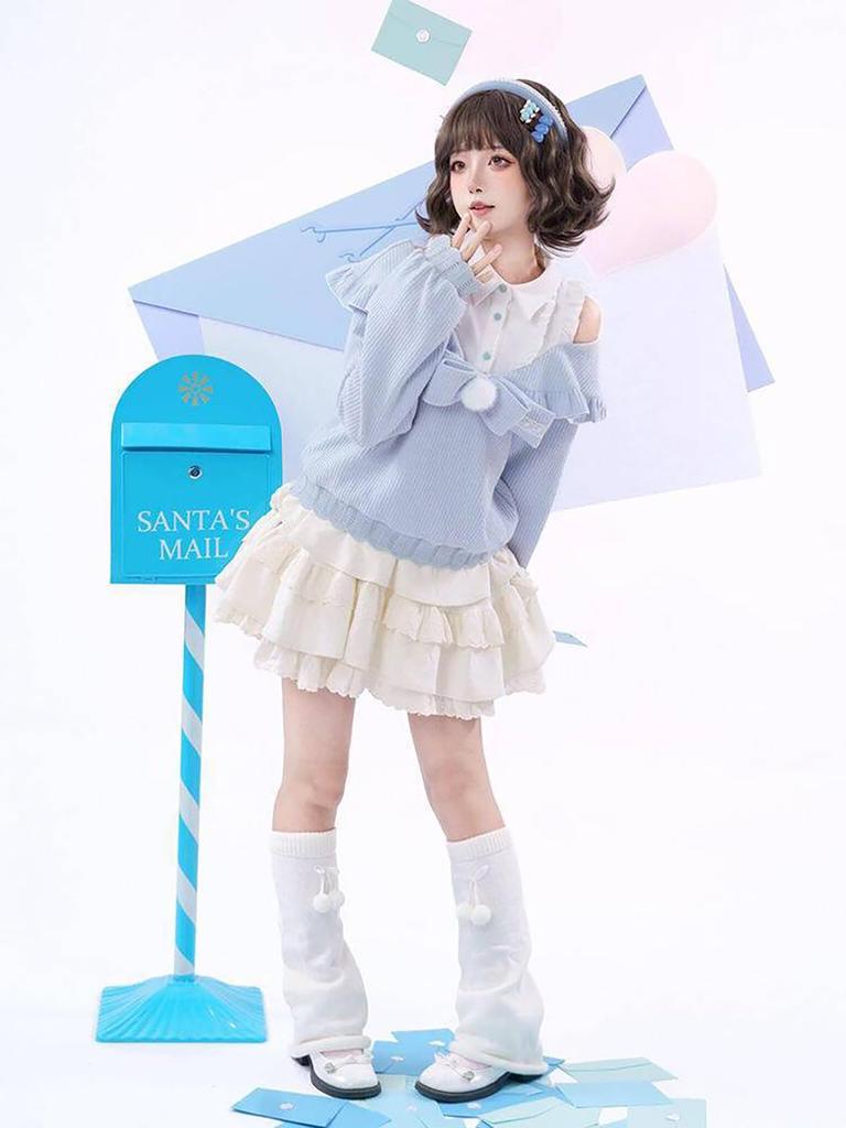 Jundakara Sweater and Mini Perfect for a Mori or Schoolgirl Dreamy Long and Size S Women's 2-Piece Set, Skirt, Open-Shoulder Tiered, Mass-Produced