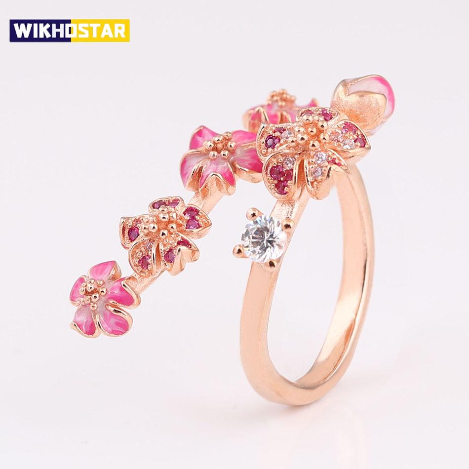 Różowy Emaliowany Pierścionek z Kwiatem Brzoskwini i Kryształami Dla Kobiet Prezent na Ślubną Imprezę Dopasowany do Pani Delikatna Biżuteria