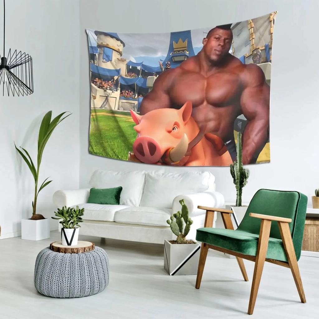 Funny Muscle Man Hog Rider Tapestry - Viral Meme Gamer Wall Hanging For Bedroom Living Room Dorm Decor