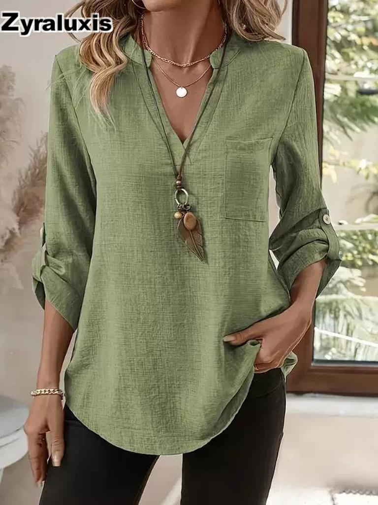 Spring/Summer Imported New Style Women's Shirt Casual Loose Oversized V-Neck Solid Color Blouse