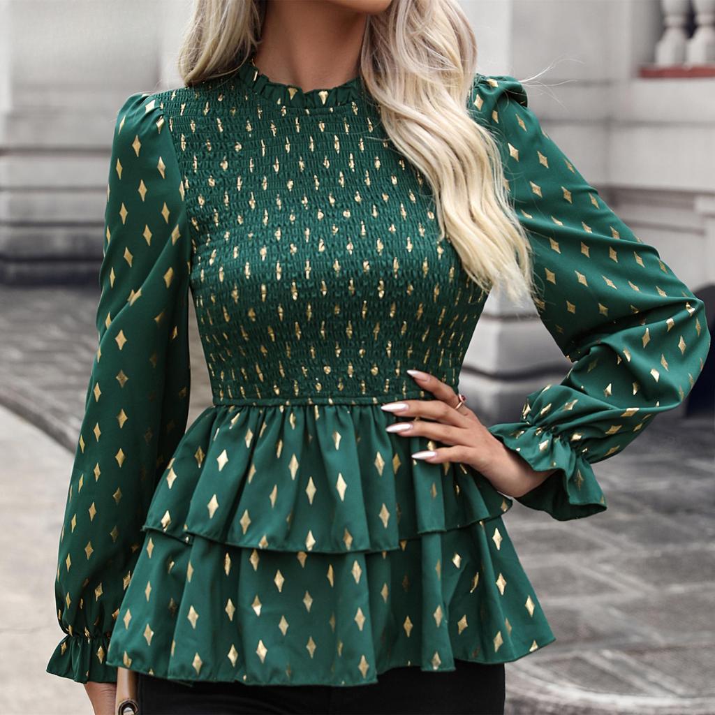 Women's Fashion Casual Autumn Rhombus Print Long Sleeve Blouses & Shirts