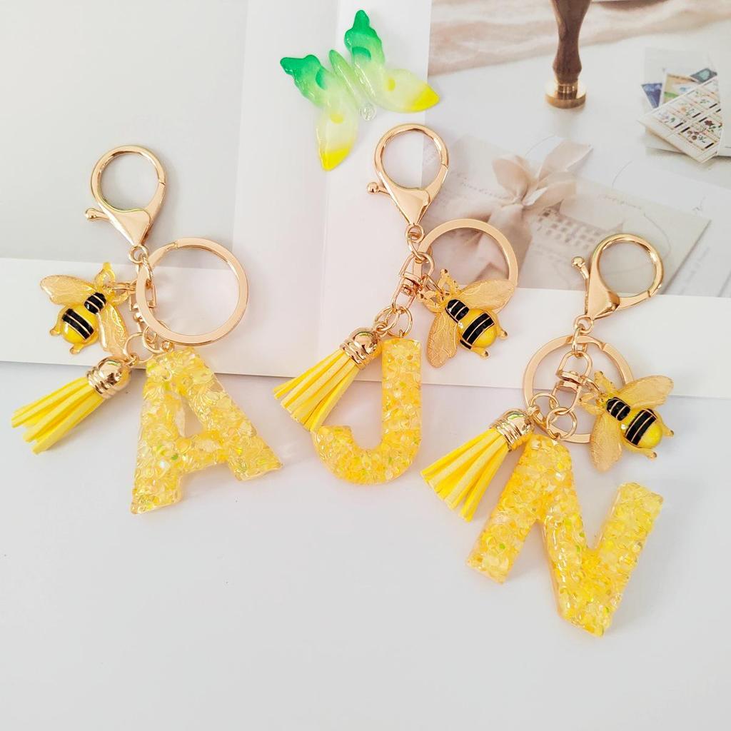 Yellow Bee Resin Glitter Letter Keychain Pendant Ornament