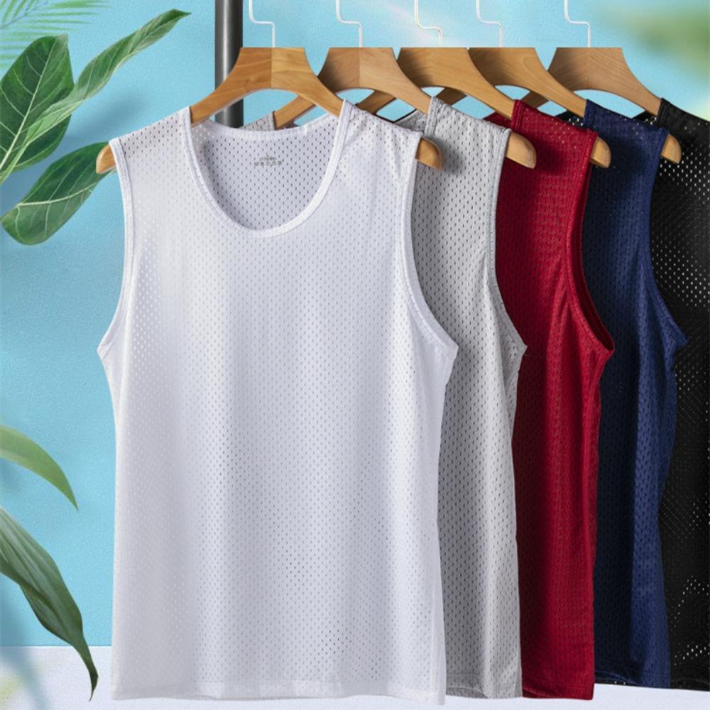2026 Men Tank Tops Mesh Hollow Out Solid O-Neck Sleeveless Streetwear Male Vests Transparent Summer Fashion Men Clothing