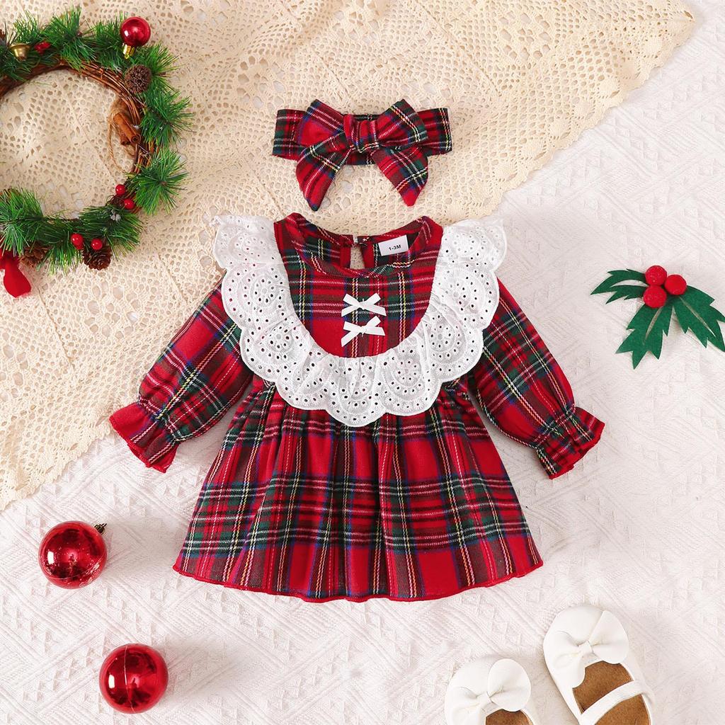 0-18 Mesi Bimba Natale 2 Pezzi Set Vestito a Manica Lunga a Quadri Rossi Fascia con Pizzo e Volant Autunno Abito Principessa Neonato Completo