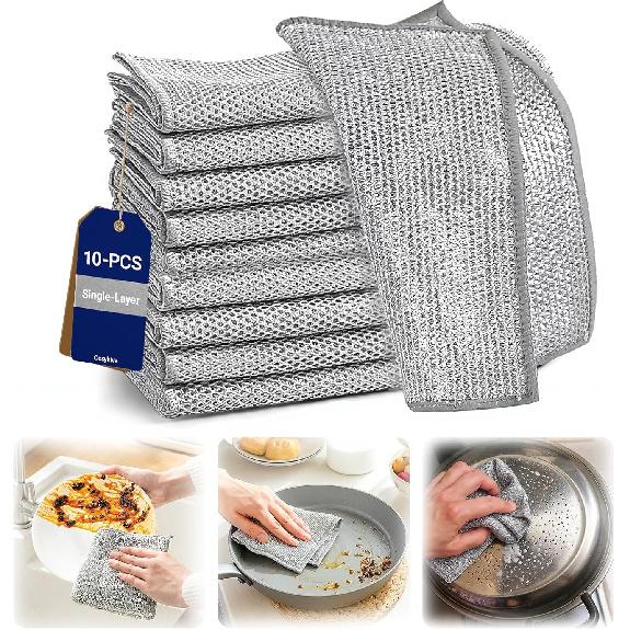 Non-Scratch Wire Dish Cloth, 10PCS Single Layer Multipurpose Wire Dishwashing Rags for Wet and Dry, Dish Cloths for Washing Dishes, Stovetops,