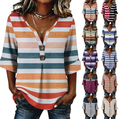 Womens Striped V Neck Half Sleeve Blouse with Button Loose Fit Casual Tunic Top for Everyday Wear