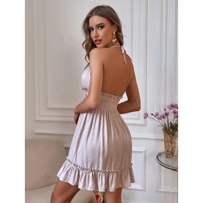 Vestido frente única com decote halter e costas nuas, vestido de festa com babados na cintura, roupas femininas