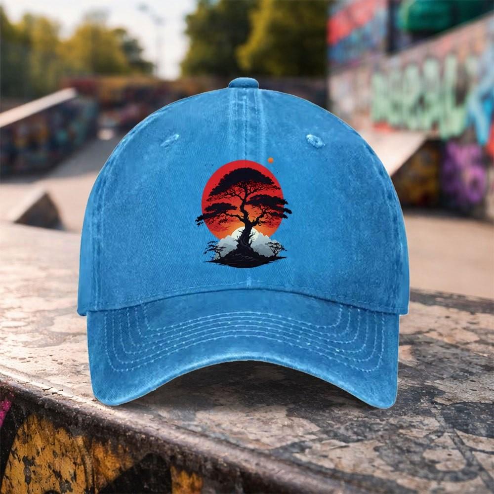 Japanese Red Sun Bonsai Baseball Cap Washed Cotton Graphic Curved Brim Outdoor Accessory
