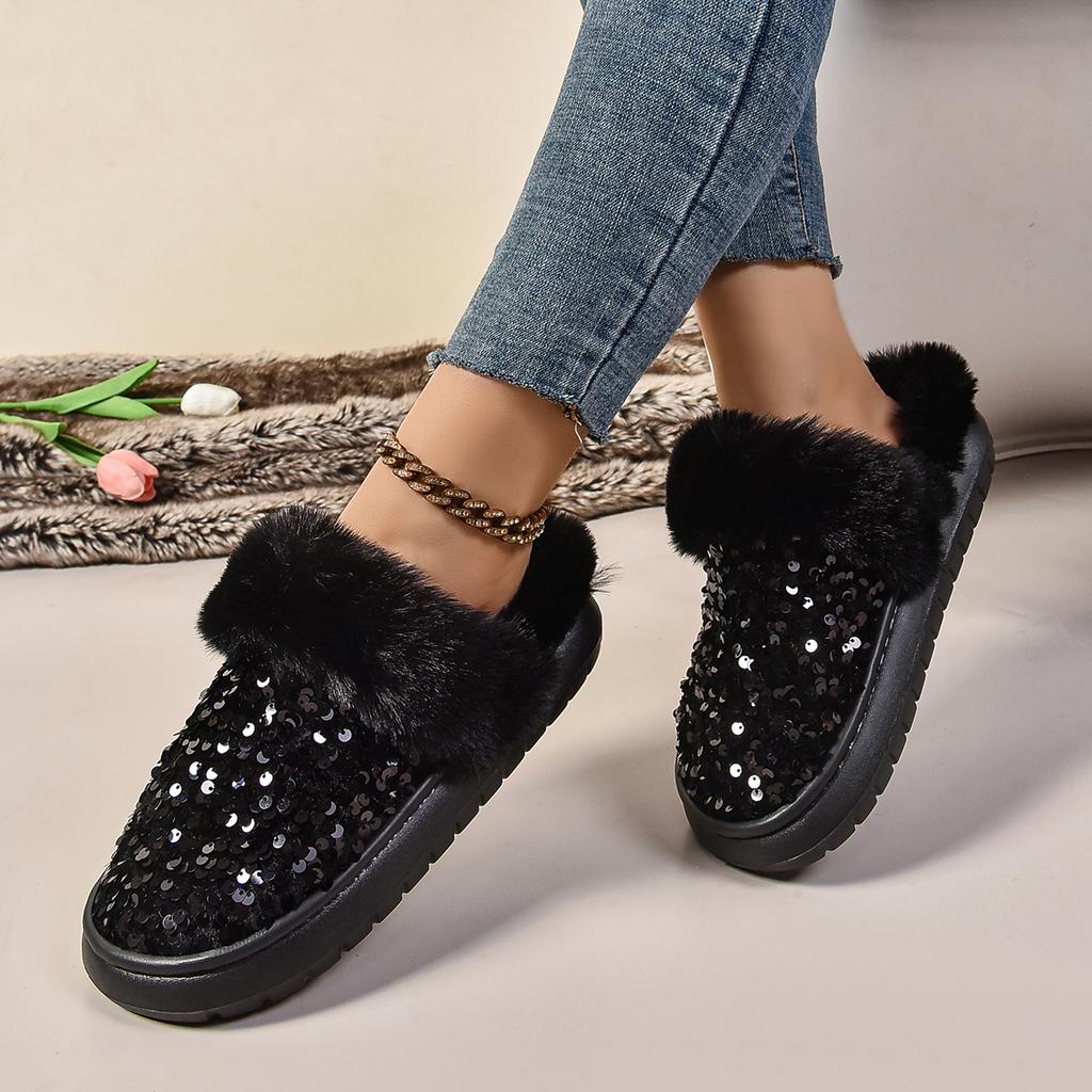 Módní dámské sněhule Protiskluzové Kulatá špička Sametová podšívka Lehké Zimní boty Dámské Kotníkové Boty Silná podrážka Kamínky Flitry Boty