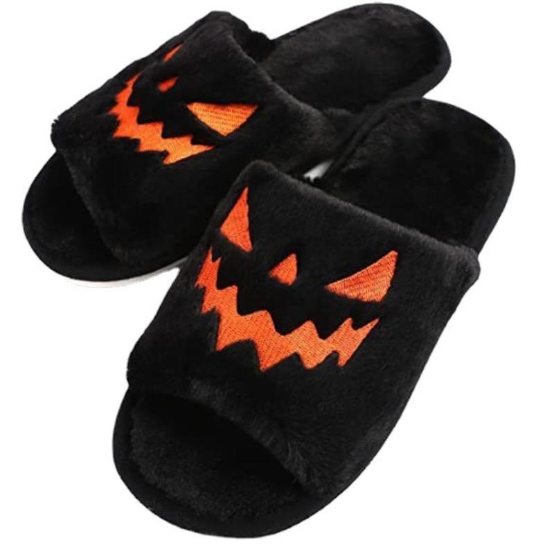 Halloween Large Size Slippers Women's Pumpkin Lantern Slippers Plush Comfortable Open-toed Women's Slippers