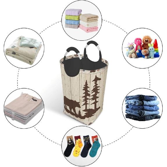 Large Laundry Basket,Wild Animals Rustic Cabin Forest Bear Paw Print Wooden Board,Laundry Hamper Collapsible Organizer Bin with Handles Washing Bin
