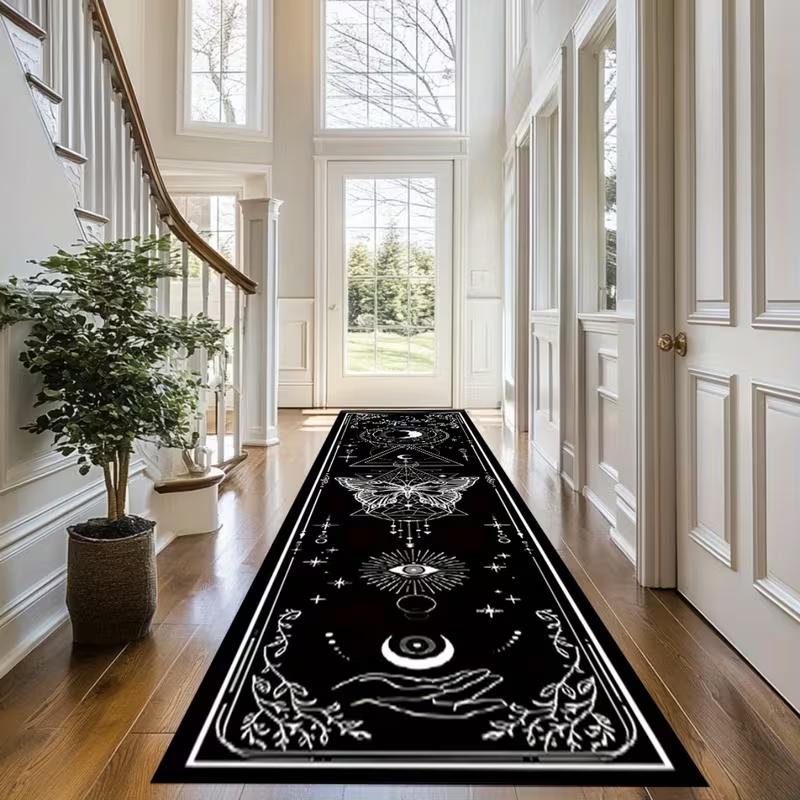 Alfombra de Pasillo Geométrica Oscura, Alfombra de Patrón Monocromático para Pasillo y Corredor, Felpudo Texturizado para Espacios Industriales Modernos