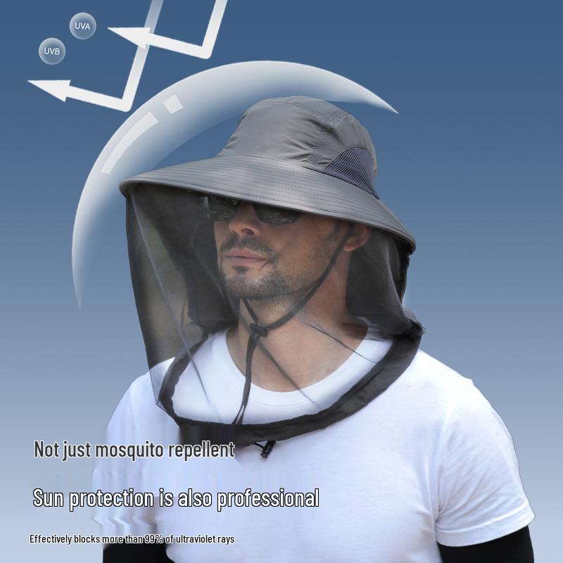 Men's Large Brim UV-Blocking Fishing Hat with Insect-Proof Net
