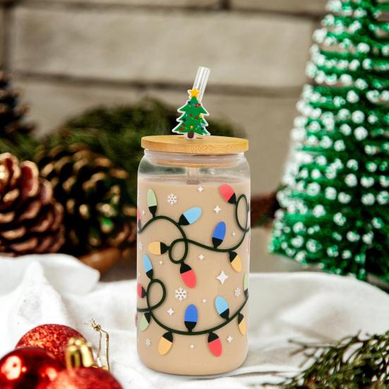 Color Changing Christmas Glass Cup with Lid Straw Brush Reusable Glass Iced Coffee Cup Cute Xmas Party Decorations for Mom Her