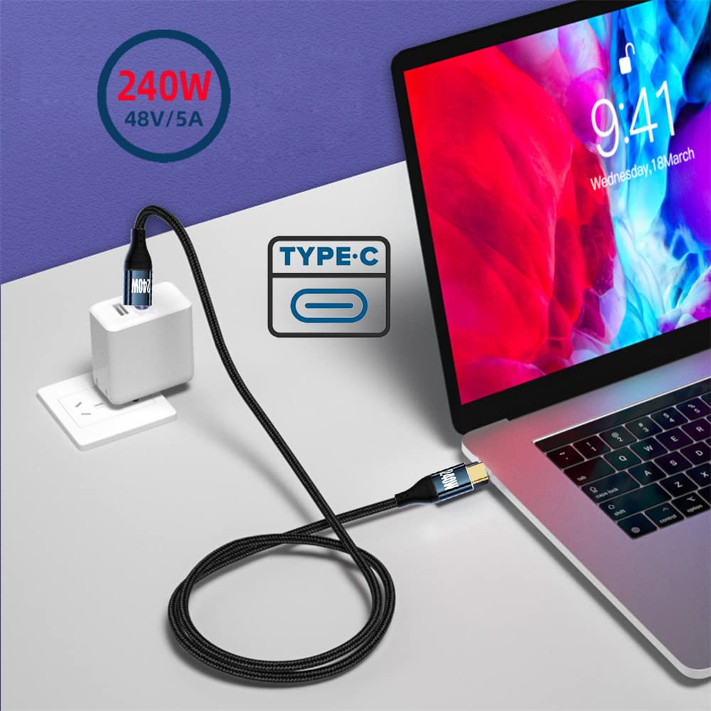 NFHK 240W 90 Degree USB for and Mobile 50cm USB-C Type-C Cable, 480Mbps, 48V, 5A, Upward/Downward Angle, 2.0 Compatible, 100W, Laptops, Tablets,