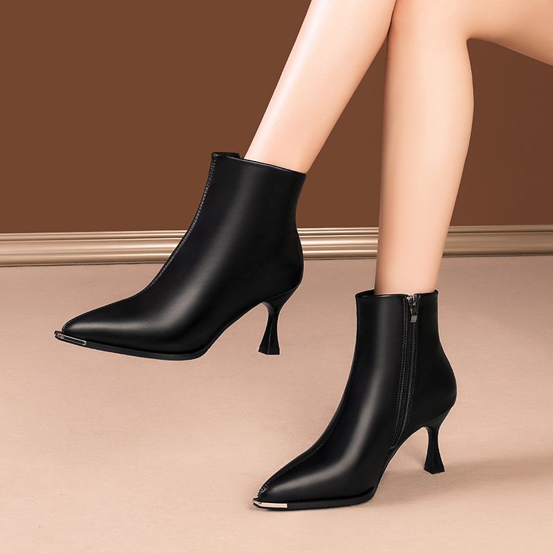 Heeled Leather Pointed Toe Woman Short Shoes Autumn Winter Waterproof Warm Ankle Boots For Women New Trend  Booties Sale