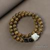 Green Sandalwood Gold Thread Double Wrap Bracelet with Lion Dance Ring - Wooden Buddhist Beads, Chinese Style Couple Accessory