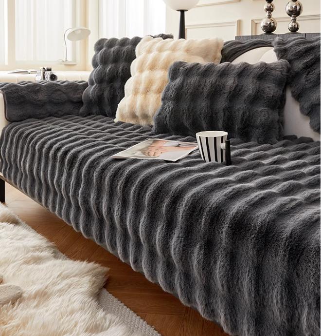 Black Bubbles Plush Sofa Cushion Couch Covers Solid Color Winter Thicken Sofa  Towel L Corner Soft Slipcovers Living Room Decor