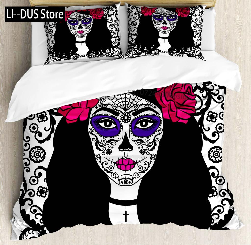 Sugar Skull Bedding Sets Queen King Full Size For Kids Colorful Flower Skeleton Bedding Decor Set With Pillowcases Room Decor