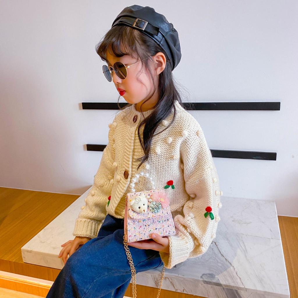 Adorable Mini Princess Chain Bag For Girls In Soft Leather With Cute Bear Design And Pearls