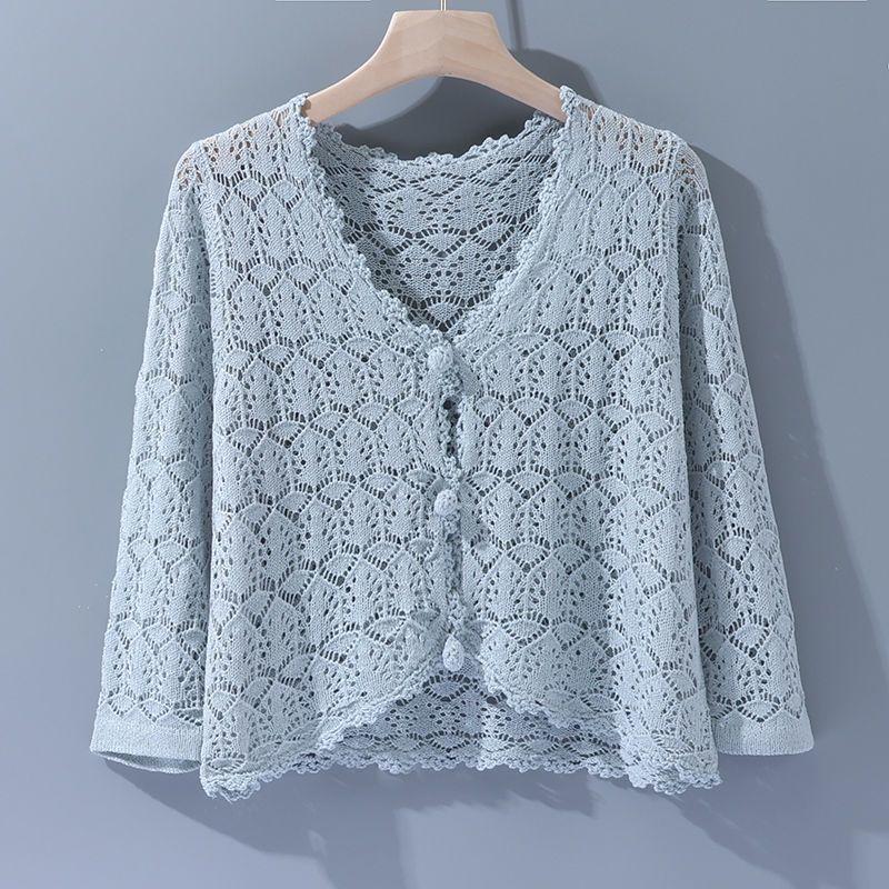 Summer Women's Cut-out Knit Sweater Thin Short Three-quarter Sleeve Sunscreen Cardigan