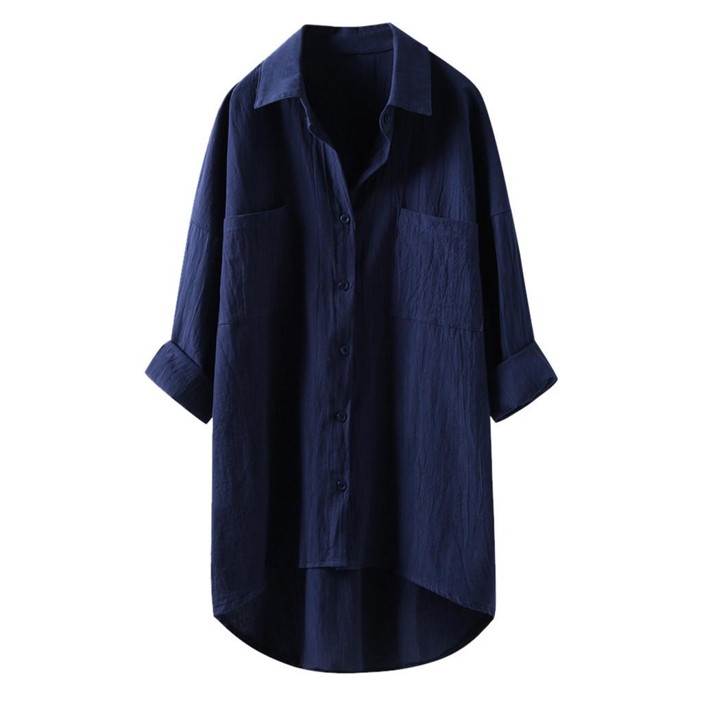 Cardigan décontracté en coton et lin pour femme - Chemise colorée à manches longues avec double poche
