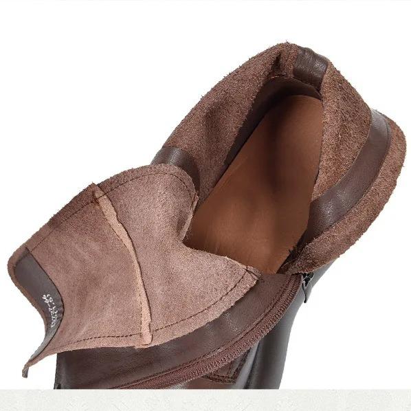 Johnature Genuine Leather Round Toe Thick Soled Mid-calf Boots Retro Lace Up Side Zipper Versatile Women's Boots