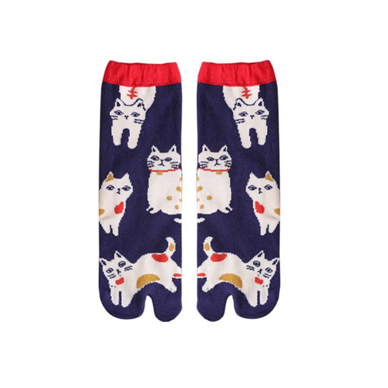 Cute Cartoon Cat Print Two Finger Socks Unisex Japanese Kimono Flip Flop Sandal Split Two Toe Sock Women Men Tabi Socks Harajuku