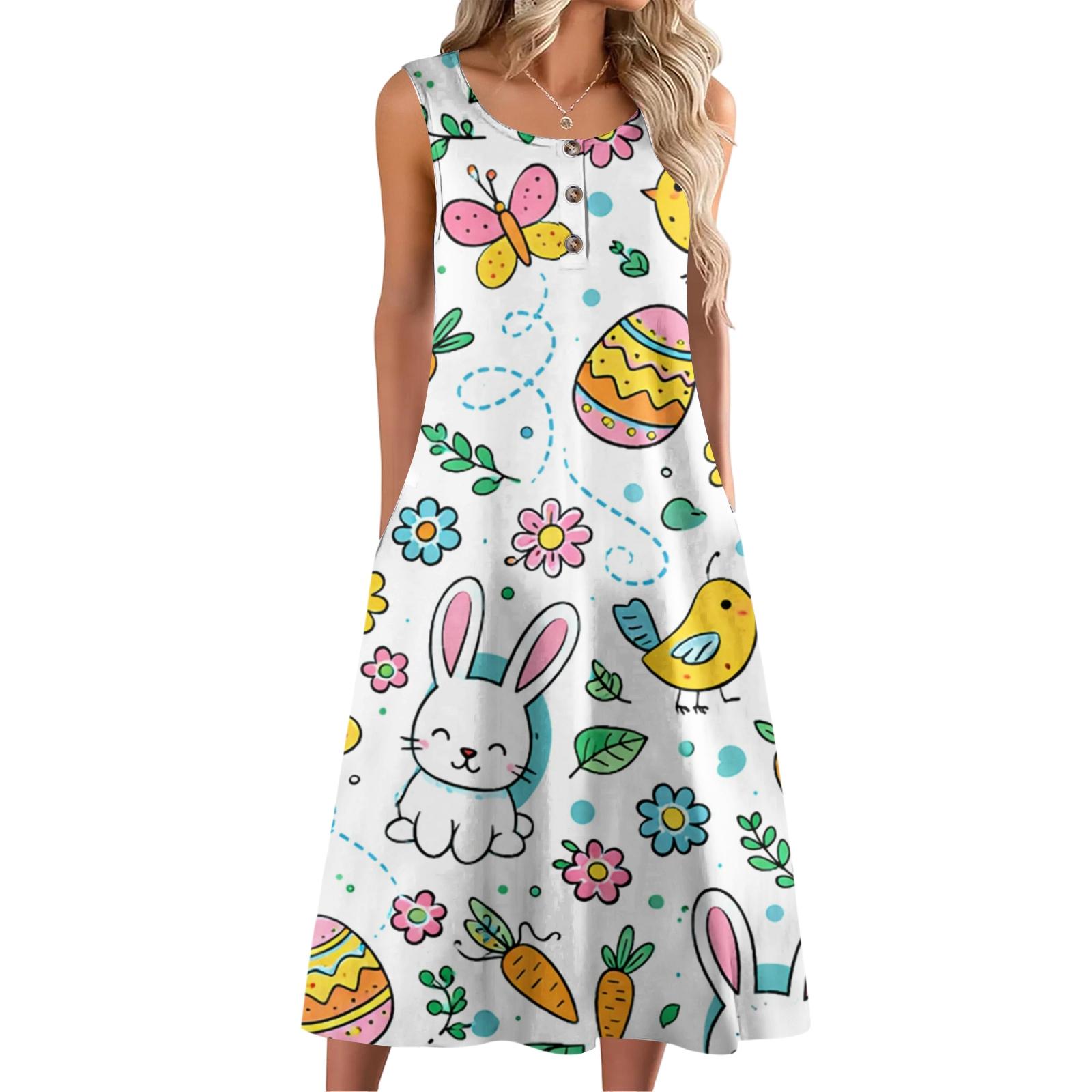 

Women Fashion Casual Sleeveless Button Easter Print Dress With Pocket S жовтий