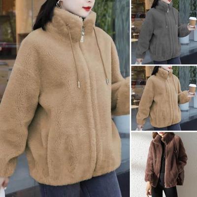 Women Solid Color Coat Stand Collar Plush Warm Drawstring Long Sleeve Cardigan Zipper Placket Pocket Fleece Outwear