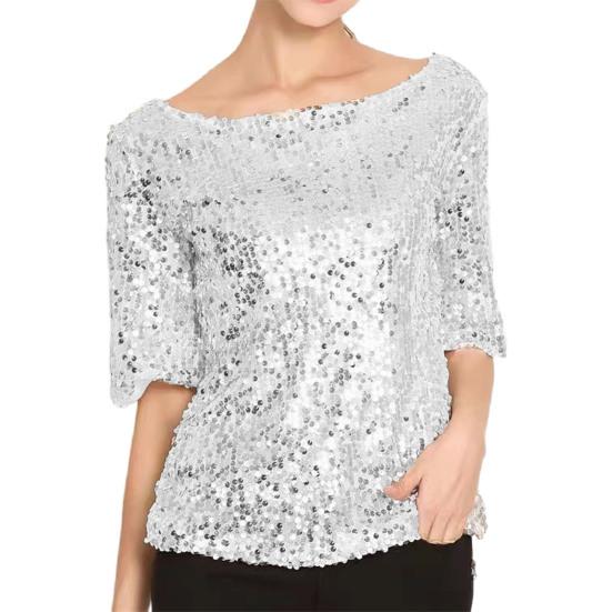 

Женский топ с блестками, сверкающая футболка, стильная удобная блузка со средним рукавом, уличная одежда для сценических выступлений, повседневная одежда 2XL серый