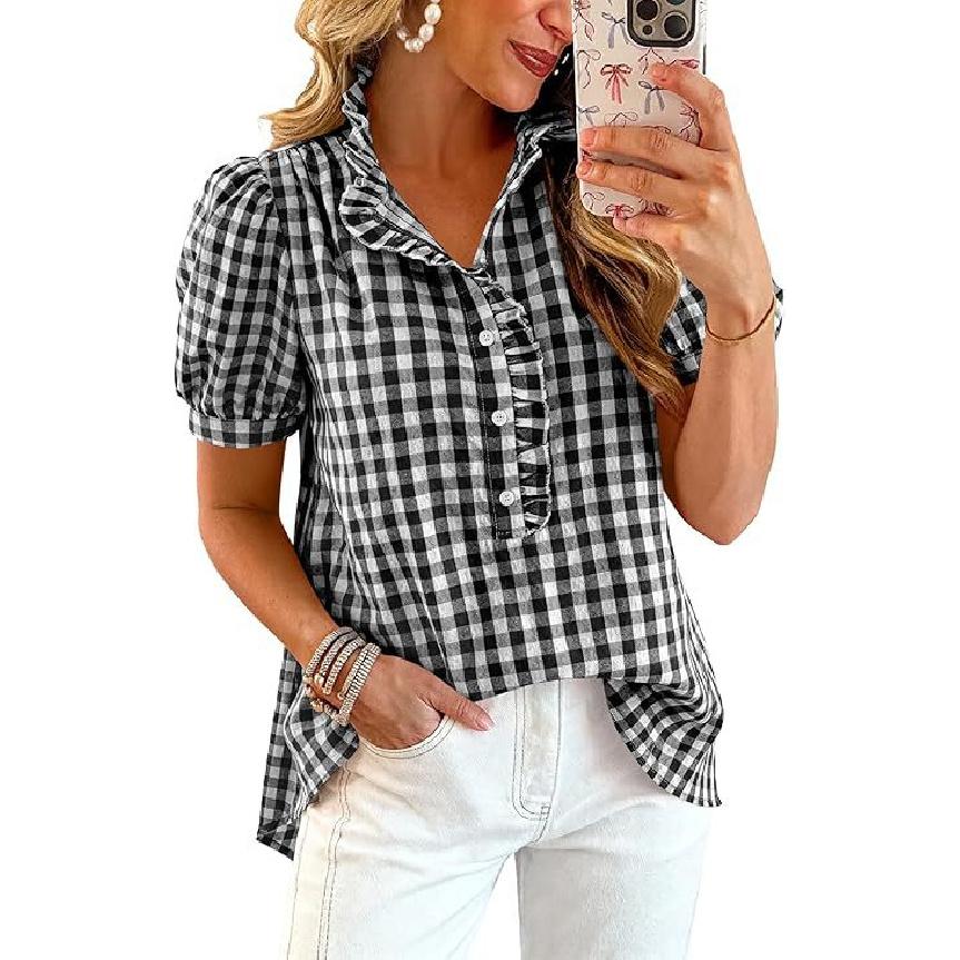 2026 Summer Top Striped Plaid Ruffle Puff Short Sleeve V-Neck Button Women s Casual Shirt S